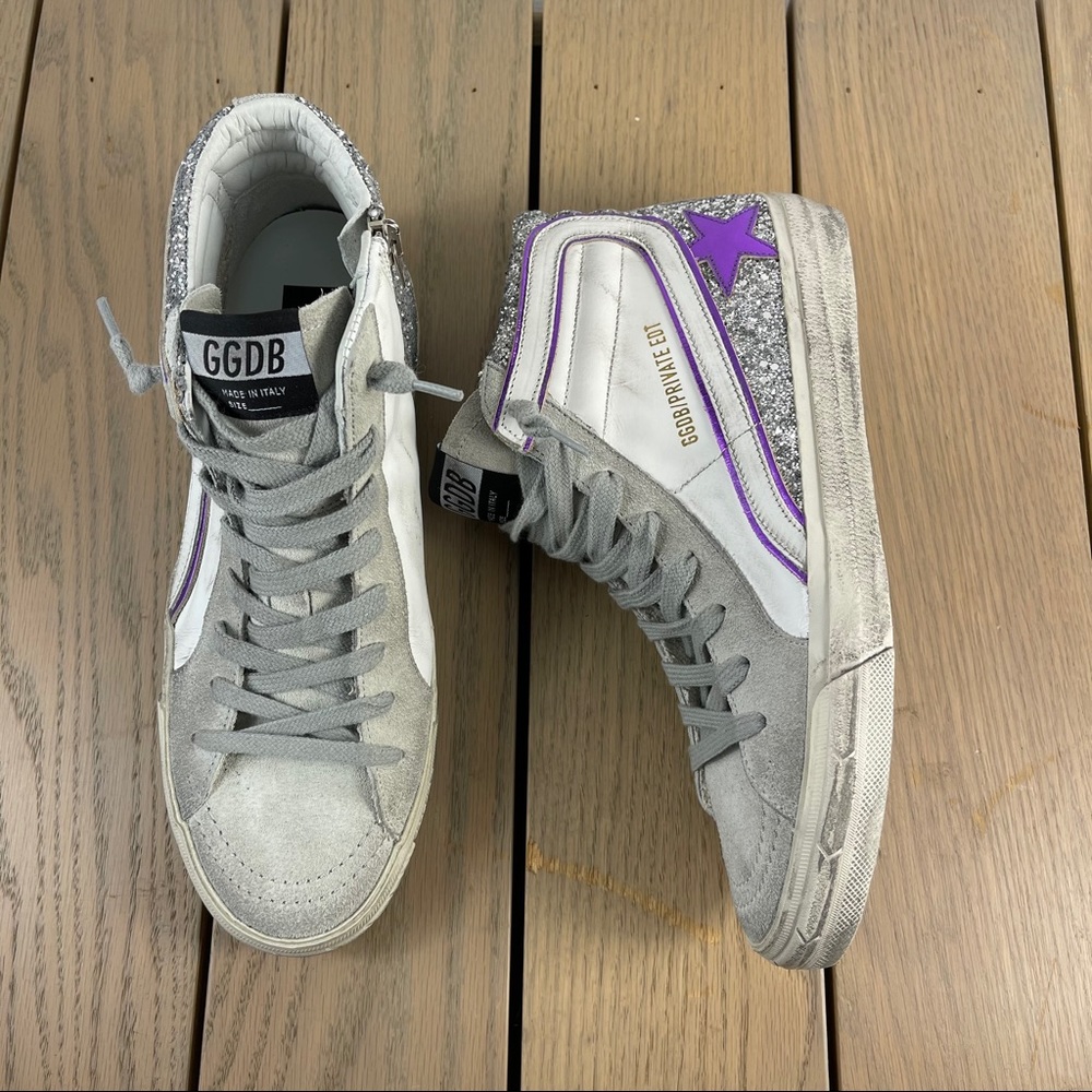 Golden Goose White and Silver Sneakers with Distressed Look